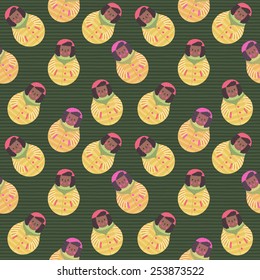 Modern cute and funny cartoon naive african american russian doll pattern with stripes. In pink, yellow and green colors.