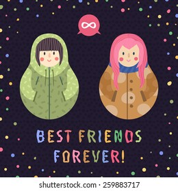 Modern cute and funny cartoon russian dolls (brunette and pink hair). Best friends forever card and background. Girls (women) friendship.
