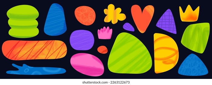 Modern cute geometric shapes. Soft gradients and textures. Triangle and heart and crown shapes. Pastel pencil and marker texture. Vector collection of pack elements. 