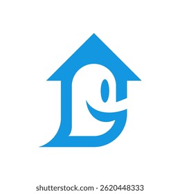 Modern Cute Ghost House Logo in Bright Blue and White