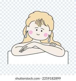 A modern cute girl sits with her arms folded. Minimalist vector illustration in simple trendy linear style.