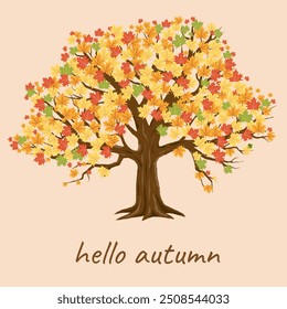 Modern Cute Hello Autumn Card Template with Maple Tree. Trendy Poster Suitable for poster, business card, invitation, flyer, banner, brochure, email header, post in social, website, print. Vector.