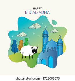 Modern cute Islamic design illustration concept for happy eid al adha or sacrifice celebration evenT in islamic tradition with mosque background. Text Ied al-adha means happy sacrifice day.  