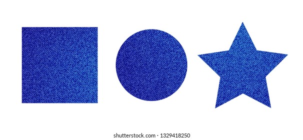 Modern cute jeans patch set on isolated white background. Fashion patches of circle, square, star shapes etc. Vector illustration for label background design