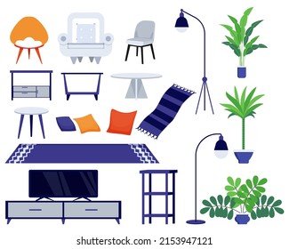 Modern cute living room furniture set with different furnitures chair armchair tv mat pillow cabinet isolated on white background house plant isolated