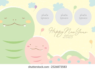 A modern and cute photo frame for 3 photos of the snake in the year of the snake 2025 New Year's card_For kids, babies, families, and children's New Year's cards