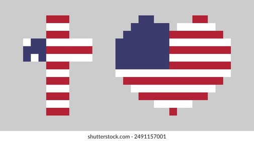 Modern cute pixel style symbols with US flag. American cross and heart, creative idea with flat graphic blocks. Love USA emblem concept. Set of Christian icons. Trendy digital arts. Church logo design