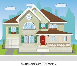 Modern cute private house facade with spruces and city skyline background.  Detailed architectural design. Flat style vector illustration.