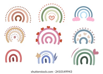 Modern cute rainbow pastel clip art set isolated on white background. Neutral nursery art design for decoration, bohemian printing for fabric, wall decoration art, kids poster decoration. 
