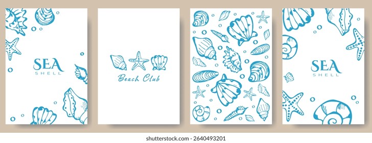 Modern Cute Sea Banner, Poster or Background with Doodle Hand Drawn Marine Sea Shell. Trendy Elegant Seashell Wedding Birthday Invitation Greeting Card Template. Vector Design Concept Sketch Style.