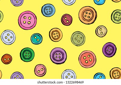 Modern cute stud clasp tool set on yellow wear decor backdrop. Bright multi color hand drawn object logo emblem sketchy in retro art doodle etch style on material space for text. Close up view