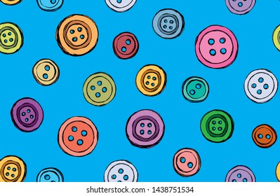 Modern cute stud clasp tool set on blue wear decor backdrop. Bright multi color hand drawn object logo emblem sketchy in retro art doodle etch style on material cyan space for text. Close up view