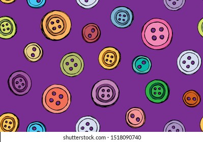 Modern cute stud clasp tool set on dark purple wear decor backdrop. Bright multi color hand drawn object logo emblem sketchy in retro art doodle etch style on material space for text. Close up view