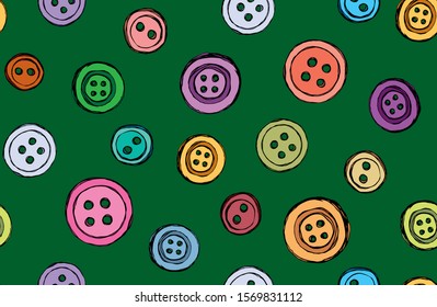 Modern cute stud clasp tool set on dark green wear decor backdrop. Bright multi color hand drawn object logo emblem in retro art doodle engrave style on material text space. Close up detail top view