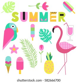 Modern cute summer set: ice cream, flamingo, pineapple, palm leaf, cocktail, flowers and parrot. Vector, isolated. White background. 