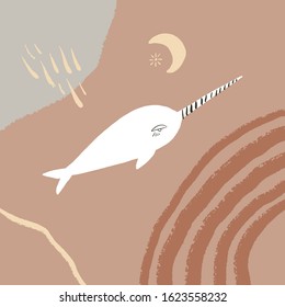 Modern cute whale narwhal abstract drawing. Vector illustration. Clipart image.