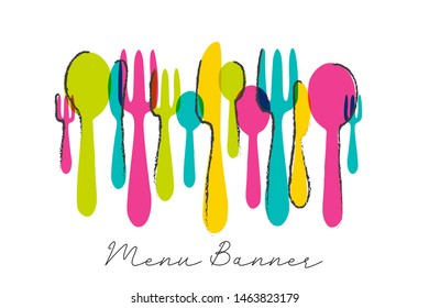 Modern cutlery menu banner design with colorful knife, spoon and fork. Food symbol.