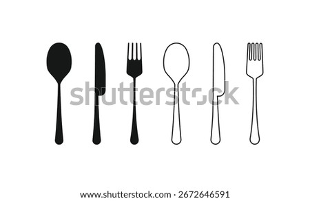 Modern cutlery vector illustration. Black solid and outline icons of a spoon, knife, and fork. Perfect for minimalist kitchen designs, restaurant logos, or food-related graphics