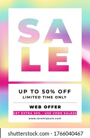 Modern cutout font, SALE up to 50%, vector promotion template, web offer extra, color gradient holographic background 
