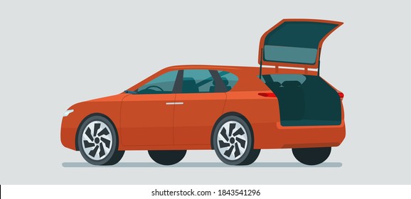 Modern CUV car with open trunk isolated. Vector flat style illustration.
