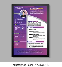 Modern CV / Resume template layout design for you profile. Elegant stylish purple color background. Vector Illustration.