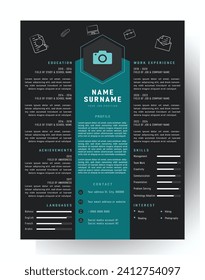 Modern CV template with futuristic black and Tosca colors, curriculum vitae
