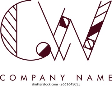 Logotipo moderno CW com um monograma dentro de um quadro circular em estilo minimalista, ideal para a marca. O design mostra formas abstratas com linhas limpas, enfatizando elegância e profissionalismo.