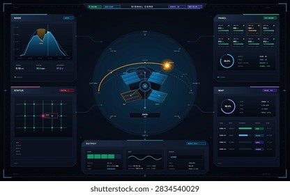 Modern cyan data dashboard interface illustrating solar farm performance board using panels, charts, gauges and controls within a detailed landscape layout on a dark background.