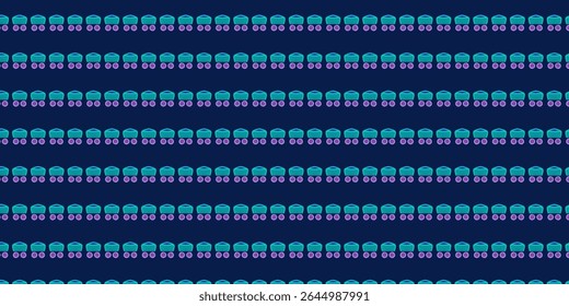 Modern cyan and lavender basket motif on a navy blue backdrop, great for fashion or digital design. Uses golden keywords: modern, lavender, cyan, navy, pattern.