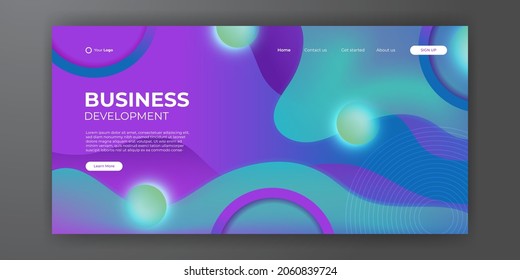 Modern cyan purple business landing page template with abstract modern 3D background. Dynamic gradient composition. Design for landing pages, covers, flyers, presentation, banners. Vector illustration