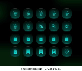 Conjunto de iconos de Botón de Web de compras cian moderno con estilo de morfismo de vidrio brillante. Botones de interfaz de usuario redondeados para App, Sitios web, paneles e interfaces digitales.