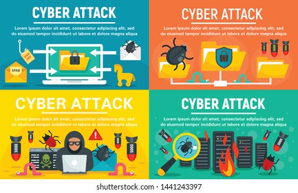 Modern cyber attack banner set. Flat illustration of modern cyber attack vector banner set for web design