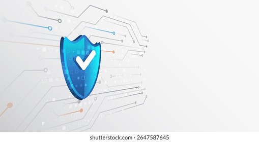 Modern cyber background with printed circuit board, blue shield on light hi-tech background. Symbolizes data protection, network security and digital reliability. Ideal for information security themes