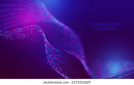 Modern cyber big data technology and science vector with particles dots. Glowing abstract internet stream background. Neon explosion splash blurred waves shapes design. 