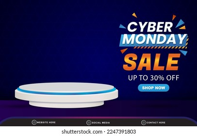 modern cyber monday sale discount template banner with blank space 3d podium for product sale with abstract gradient blue background design