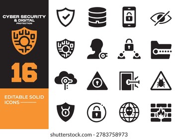 Modern cyber security and digital protection solid icons crafted for data privacy network safety and cybersecurity branding projects
