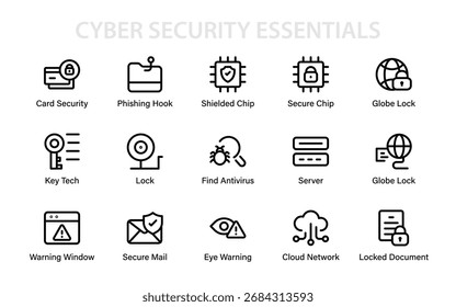 Moderno conjunto de ícones essenciais de segurança cibernética com travas, escudos, alertas de phishing, proteção em nuvem, antivírus e gráficos de tecnologia de dados seguros