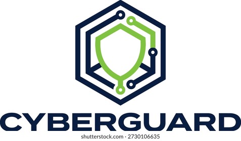 Modern cyber security logo featuring a lime green shield inside a dark blue hexagon with circuit line patterns and the text CYBERGUARD. Professional tech identity for data protection.