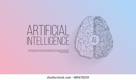 Modern cyberbrain concept. Outline top view illustration of a circuit board with a brain. Artificial intelligence banner