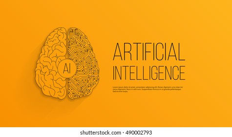 Modern cyberbrain concept. Outline top view illustration of a circuit board with a brain. Artificial intelligence banner