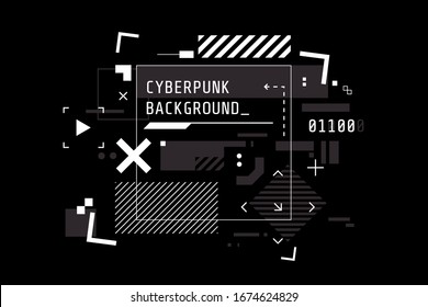 Modern cyberpunk background in black and white color. Abstract high tech banner with place for text. Digital screen in HUD style. Futuristic glitch illustration. Use for t-shirt design,club poster.