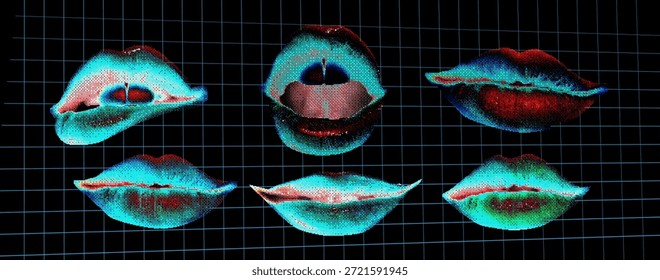 Modern Cyberpunk Glitch Effect Vector Lips Art Illustration Set: Abstract Digital Pixel Mouths on Grid Background for Futuristic Technology UI, UX Design Elements