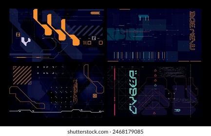 Modern cyberpunk poster set. Futuristic Abstract HUD. Sci fi backgrounds for streaming. Vector Illustration EPS10