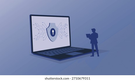 Modern cybersecurity background featuring a laptop with a digital shield icon symbolizing secure data protection encryption privacy and online safety ideal for tech and security designs