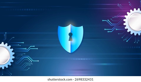 Modern cybersecurity background with a glowing shield and circuit-gear elements. Perfect for concepts of data protection, secure systems, and digital network security.