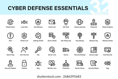 A modern cybersecurity and data protection icon set featuring shields, locks, alerts, malware prevention, and secure server concepts for digital safety design.