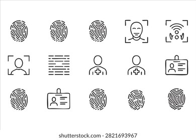 Modern Cybersecurity Icon Set With Biometric Authentication And ID Card