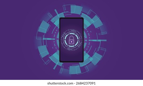 Fundo móvel moderno de segurança cibernética com cadeado digital, círculos tecnológicos brilhantes e design futurista, ideal para segurança on-line, proteção de dados e conceitos tecnológicos