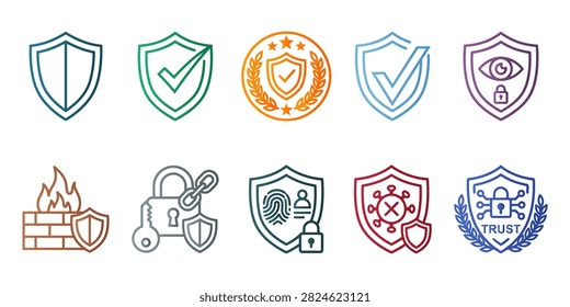 Modern Cybersecurity Outline Vector Icons Set for Network Safety Virus Defense Privacy Guard Biometric Passcode and System Security
