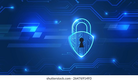 Modern cybersecurity with printed circuit board, light blue padlock on dark high-tech background. Symbolizes data protection, network security and digital reliability. For information security topics.